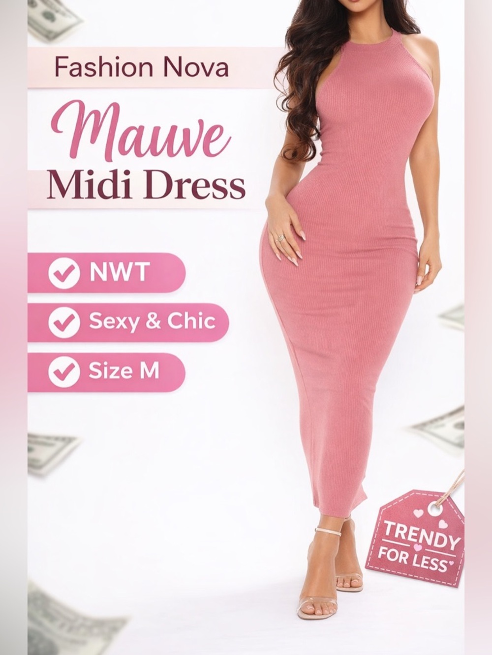 Fashion Nova Mauve Pink Ribbed Midi Dress Size Medium NWT Bodycon